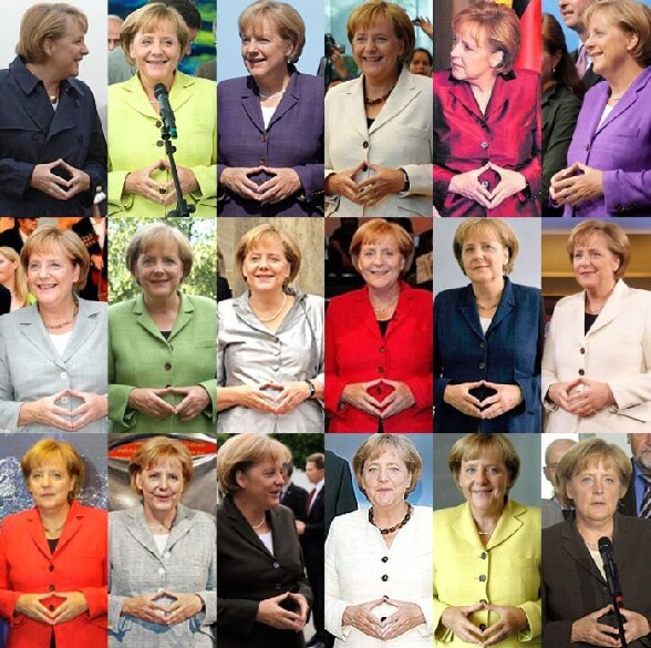 Y a pas que Obama qui pose toujours de la meme facon - la chanceliere allemande angela merkel sur differentes photos croise toujours les doigts